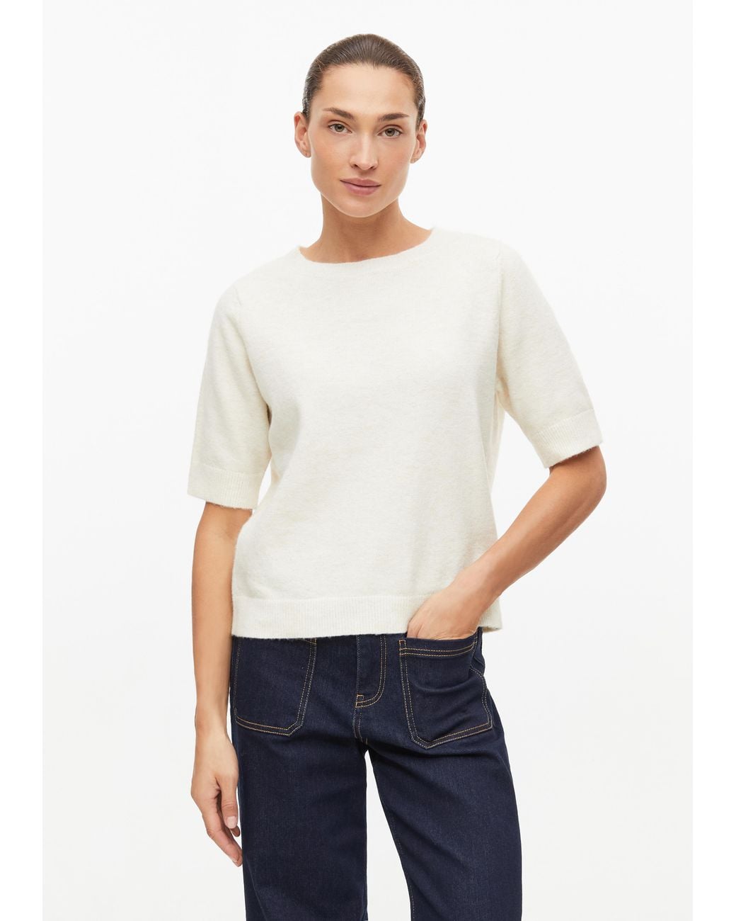 S.oliver White Kurzarm-Pullover Mit Rippbündchen