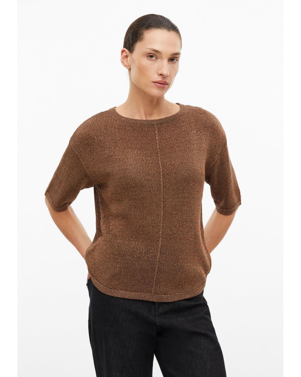 S.oliver Brown Kurzarm-Strickpullover Mit Glitzergarn