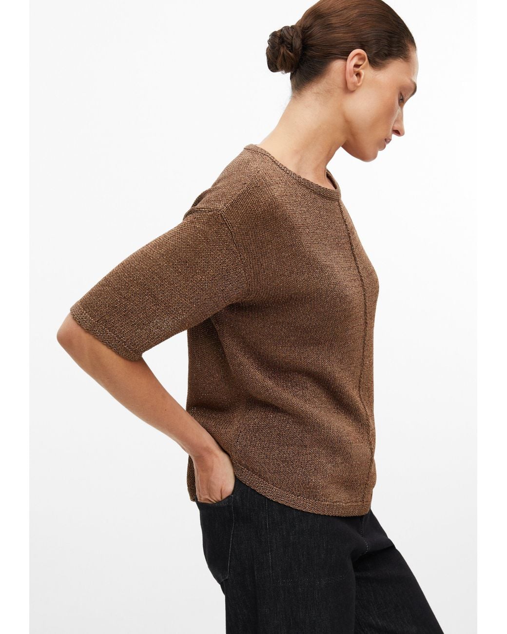 S.oliver Brown Kurzarm-Strickpullover Mit Glitzergarn