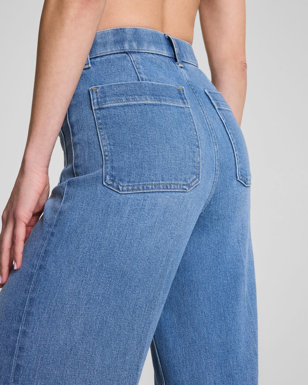 Spanx Blue Shape Authentic 360 Cropped Wide Leg Jeans With Patch Pockets
