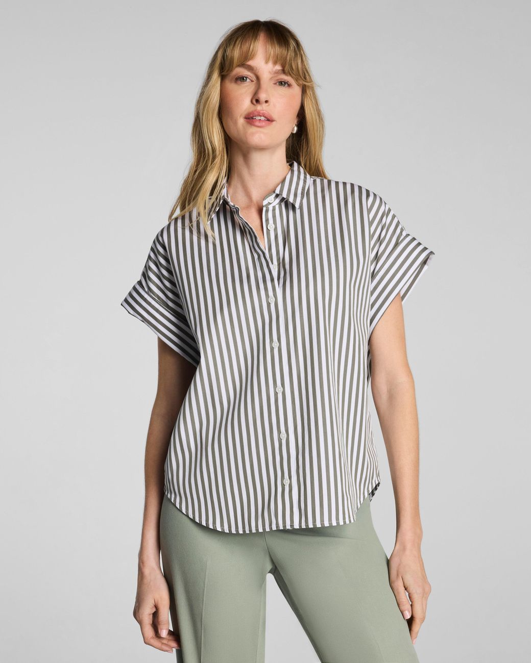 Spanx Gray Poplin Oversized Short Sleeve Button Down
