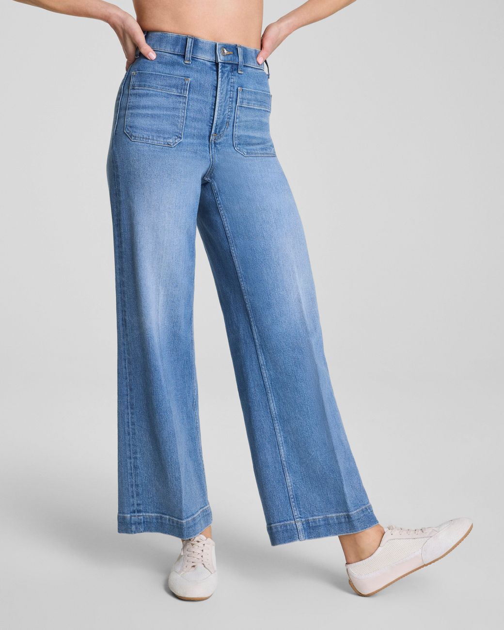 Spanx Blue Shape Authentic 360 Cropped Wide Leg Jeans With Patch Pockets