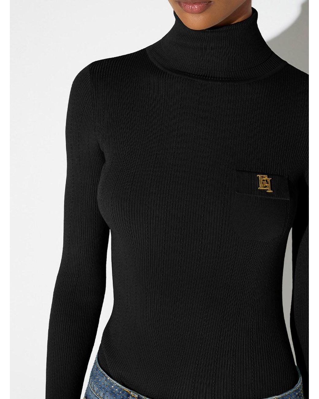 Elisabetta Franchi Black Turtleneck Knit Top With Long Sleeves