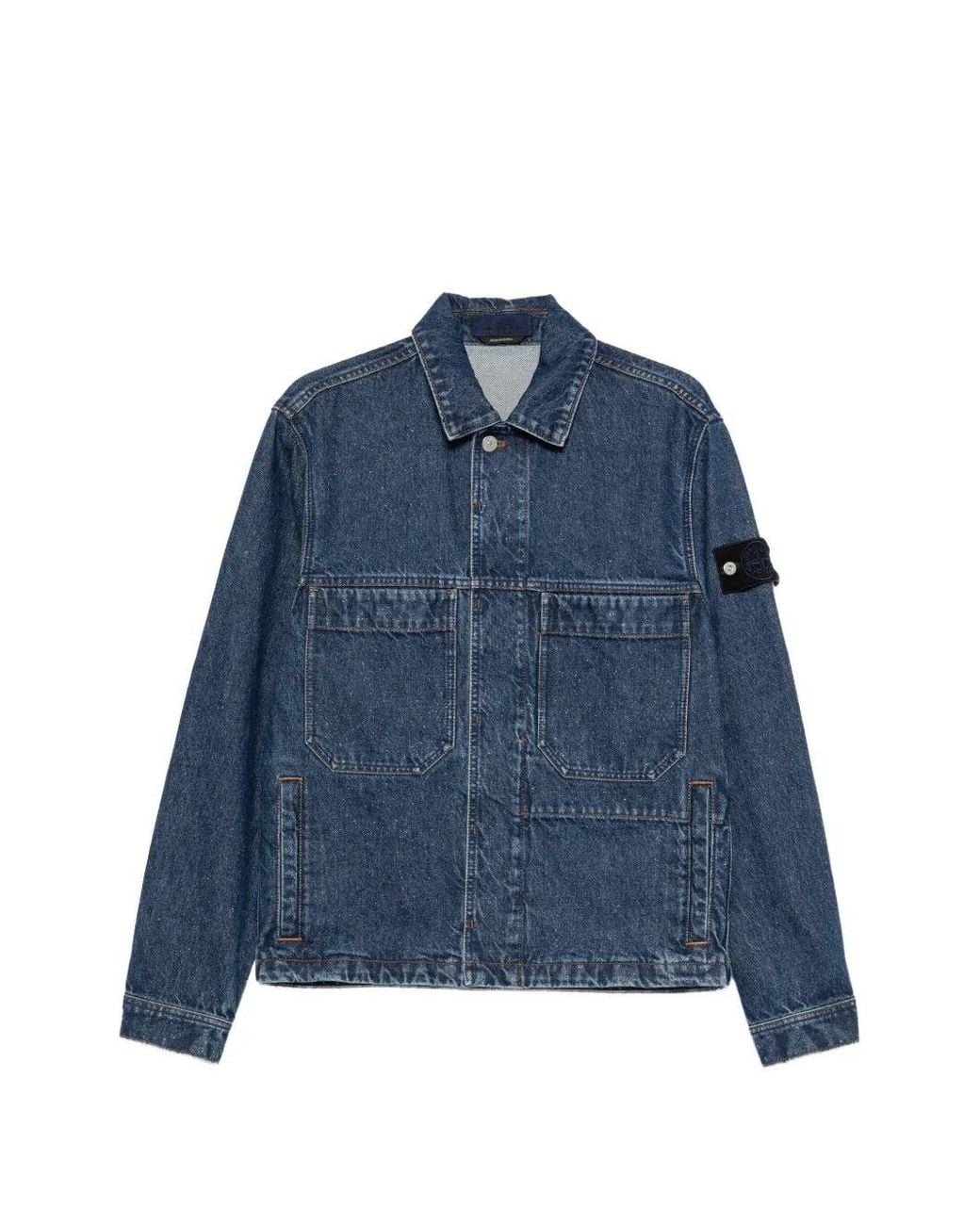 Stone Island Blue Patch Chest Pockets Denim Jacket With Concealed Snap, Vertical Welt Hand Pockets & Cuff Buttons for men