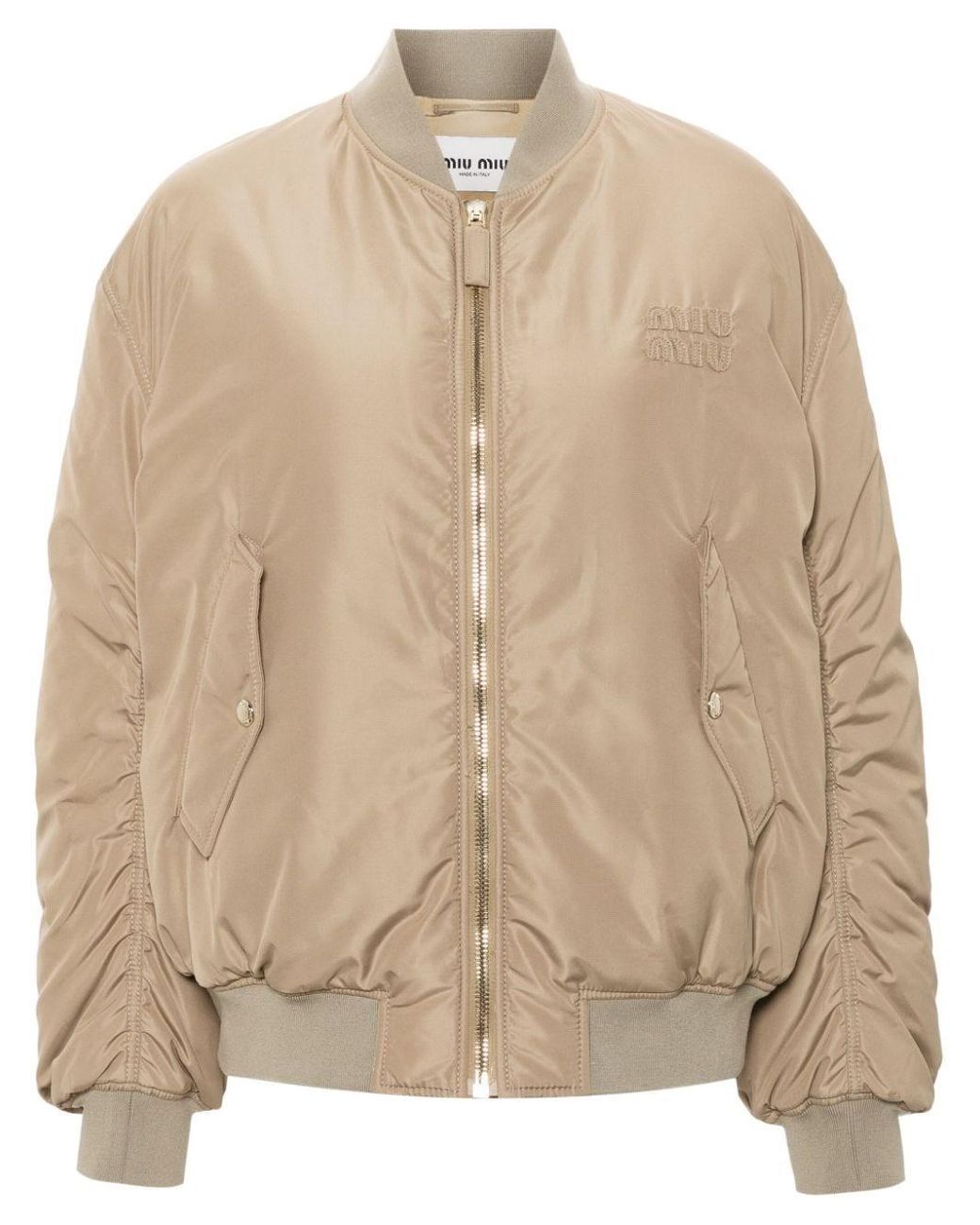 Miu Miu Logo-patch Bomber Jacket in Natural | Lyst Miu Miu Logo-patch Bomber Jacket in Natural | Lyst