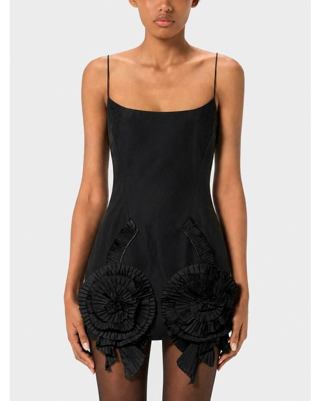 Blumarine Black Short Taffeta Dress With Pleated Roses