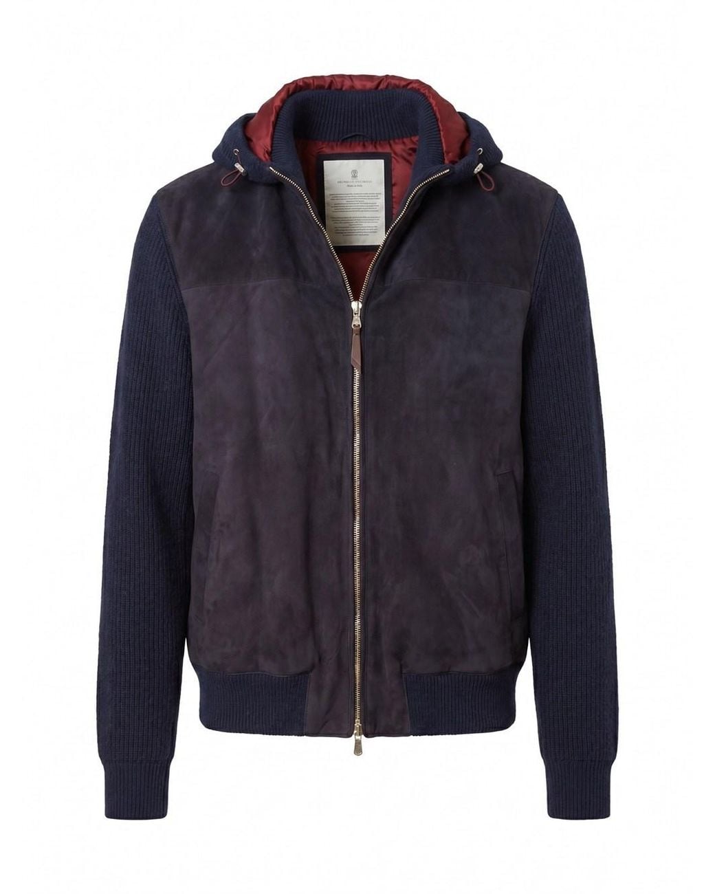 Brunello Cucinelli Blue Suede And Cashmere Knit Hooded Bomber Jacket for men