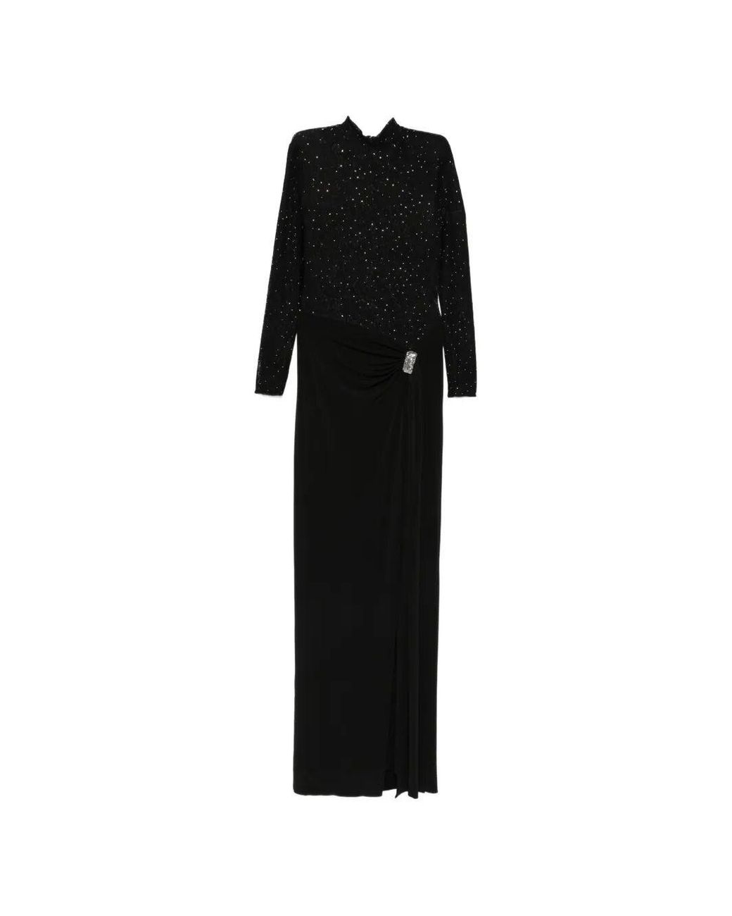 Nissa Black Rhinestone-Embellished Lace Maxi Dress