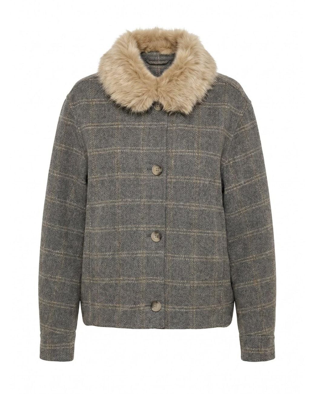 Twinset Gray Check Wool Caban With Faux Fur