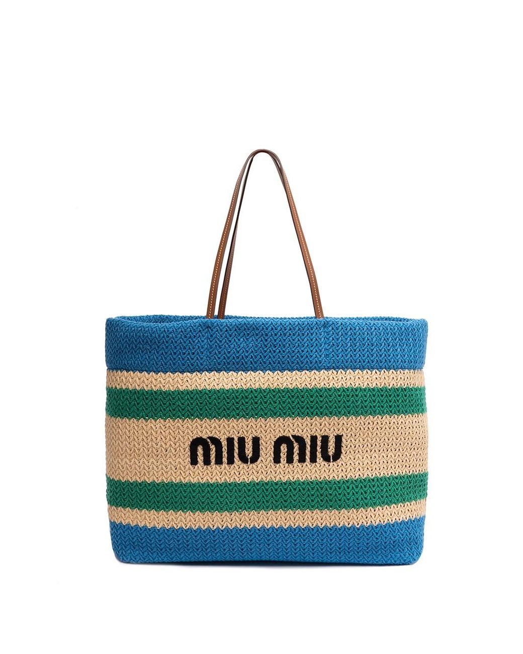 Miu Miu Raffia And Cotton Tote Bag in Blue Lyst
