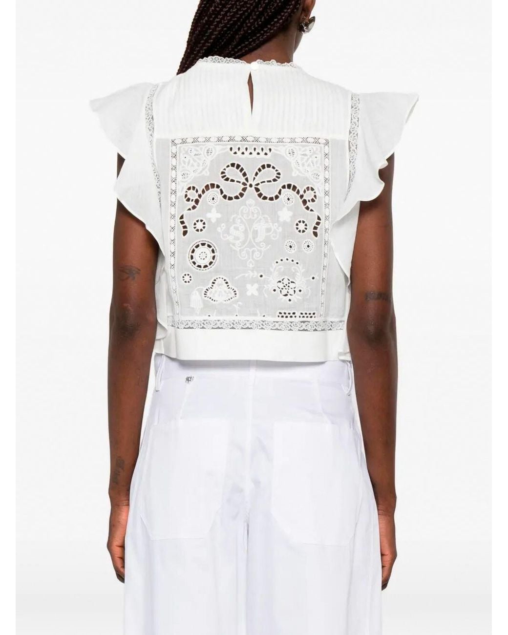 Self-Portrait White Ramie Lace Frill Top