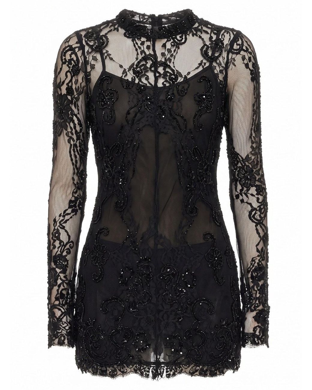 Blumarine Black Short Lace Dress With Embroidery