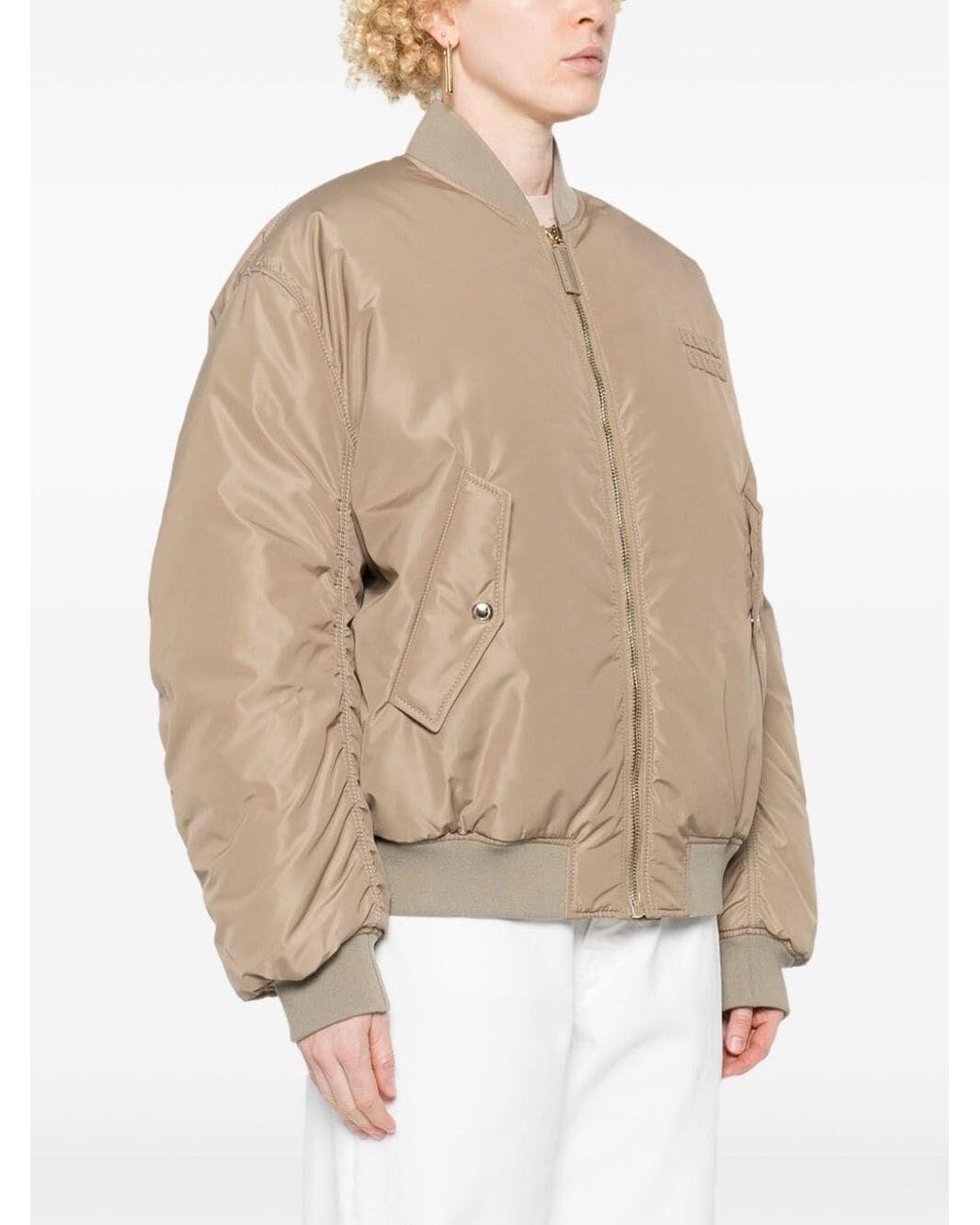 Miu Miu Logo-patch Bomber Jacket in Natural | Lyst Miu Miu Logo-patch Bomber Jacket in Natural | Lyst
