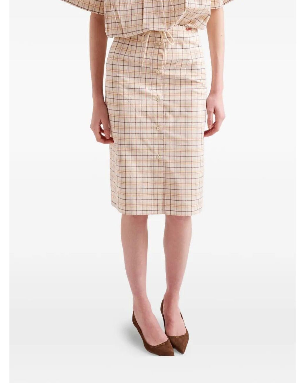 Prada Natural Checked Cotton Poplin Pencil Skirt