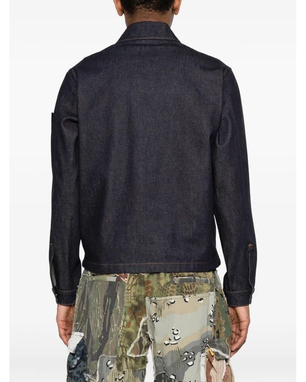 Stone Island Blue Denim-Raw' Biker Jacket for men