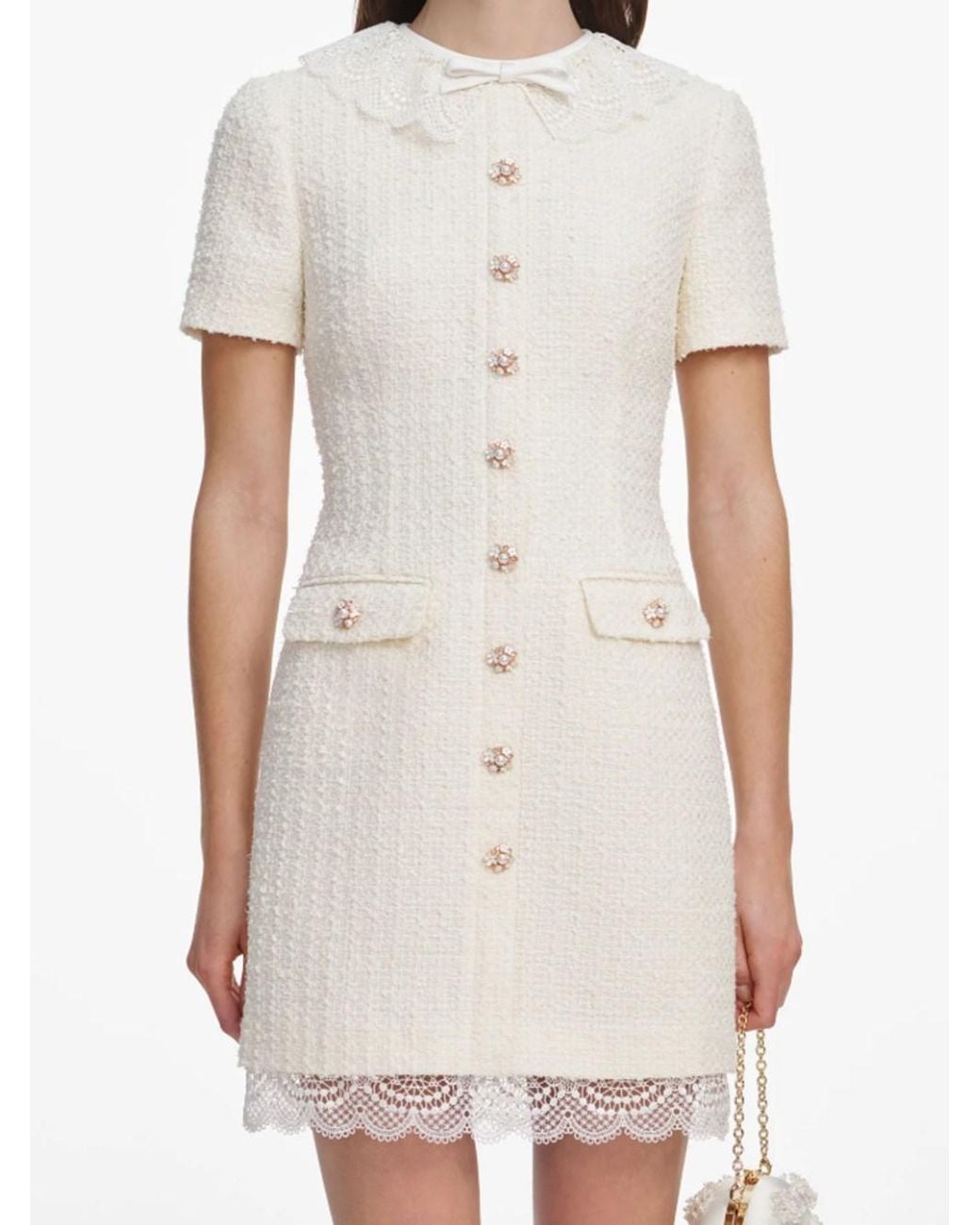Self-Portrait White Boucle Lace Trim Mini Dress