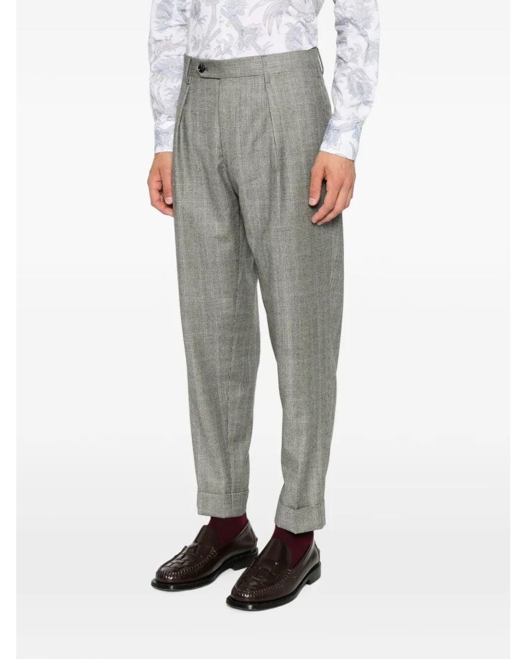 Berwich Gray Prince Of Wales Check Pleated Pants for men