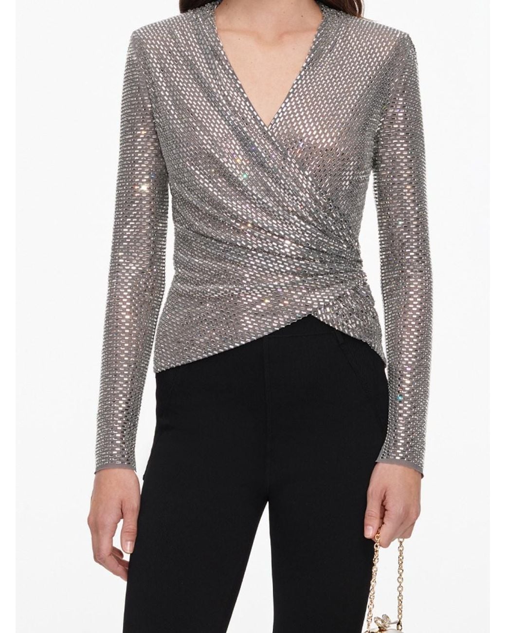 Self-Portrait Gray Rhinestone Mesh Wrap Top