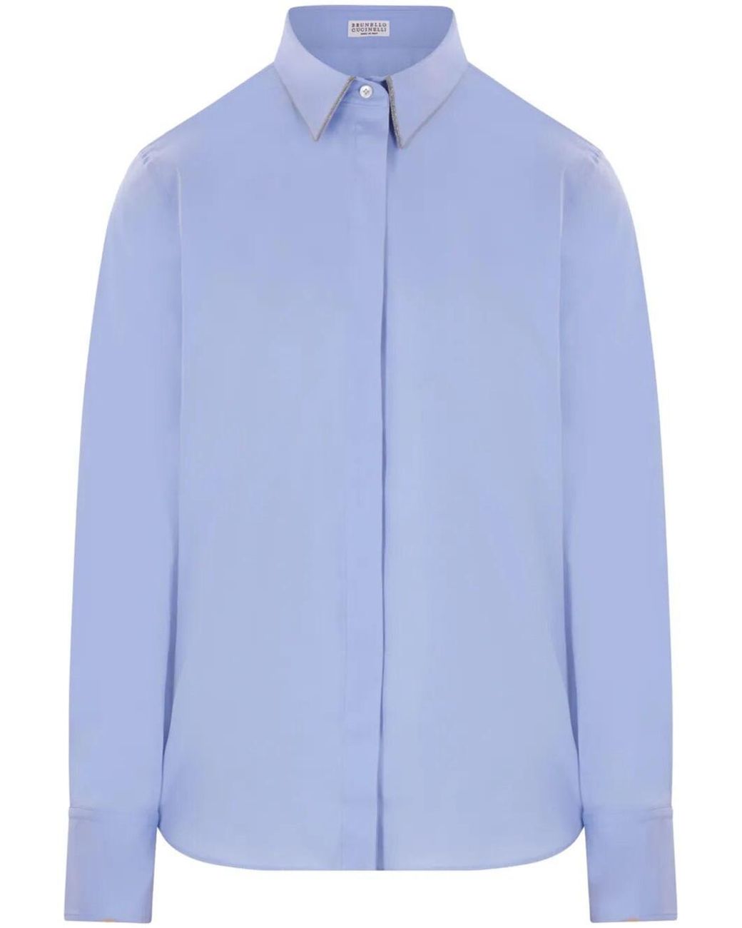 Brunello Cucinelli Blue Stretch Poplin Shirt With Monili