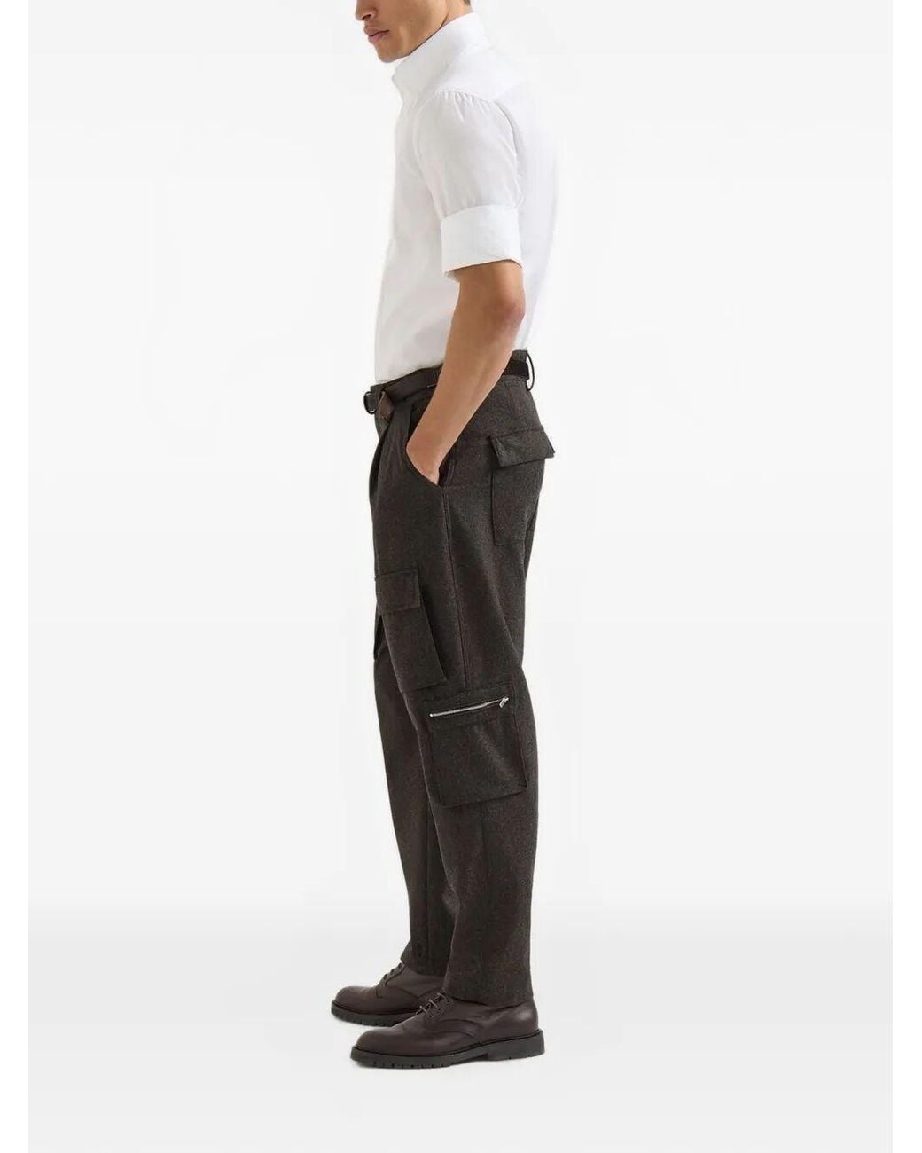 Brunello Cucinelli Black Virgin Wool Flannel Trousers With Cargo Pockets for men