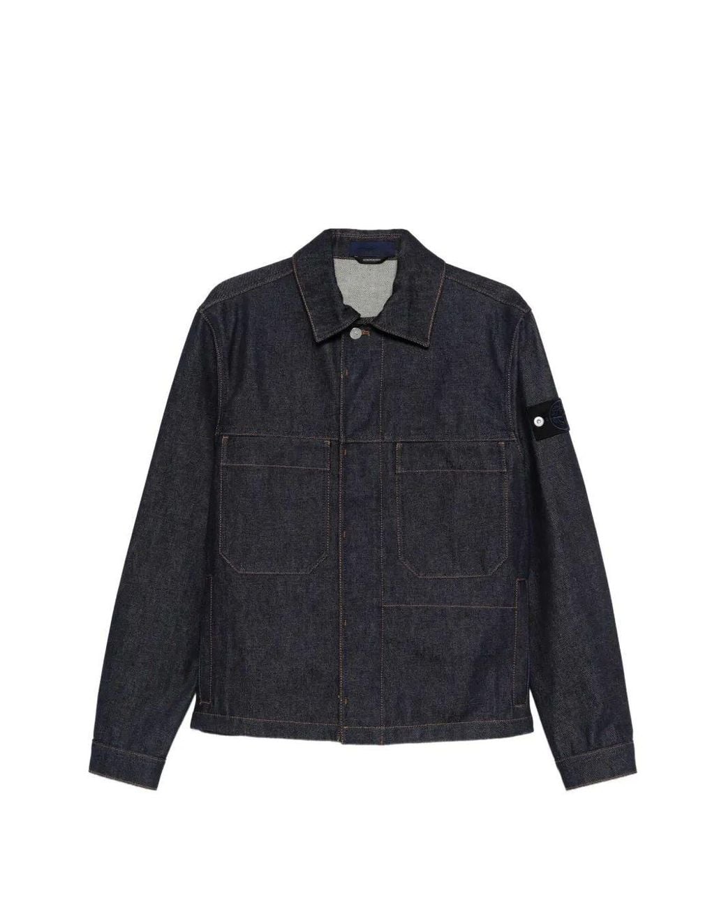 Stone Island Blue Denim-Raw' Biker Jacket for men