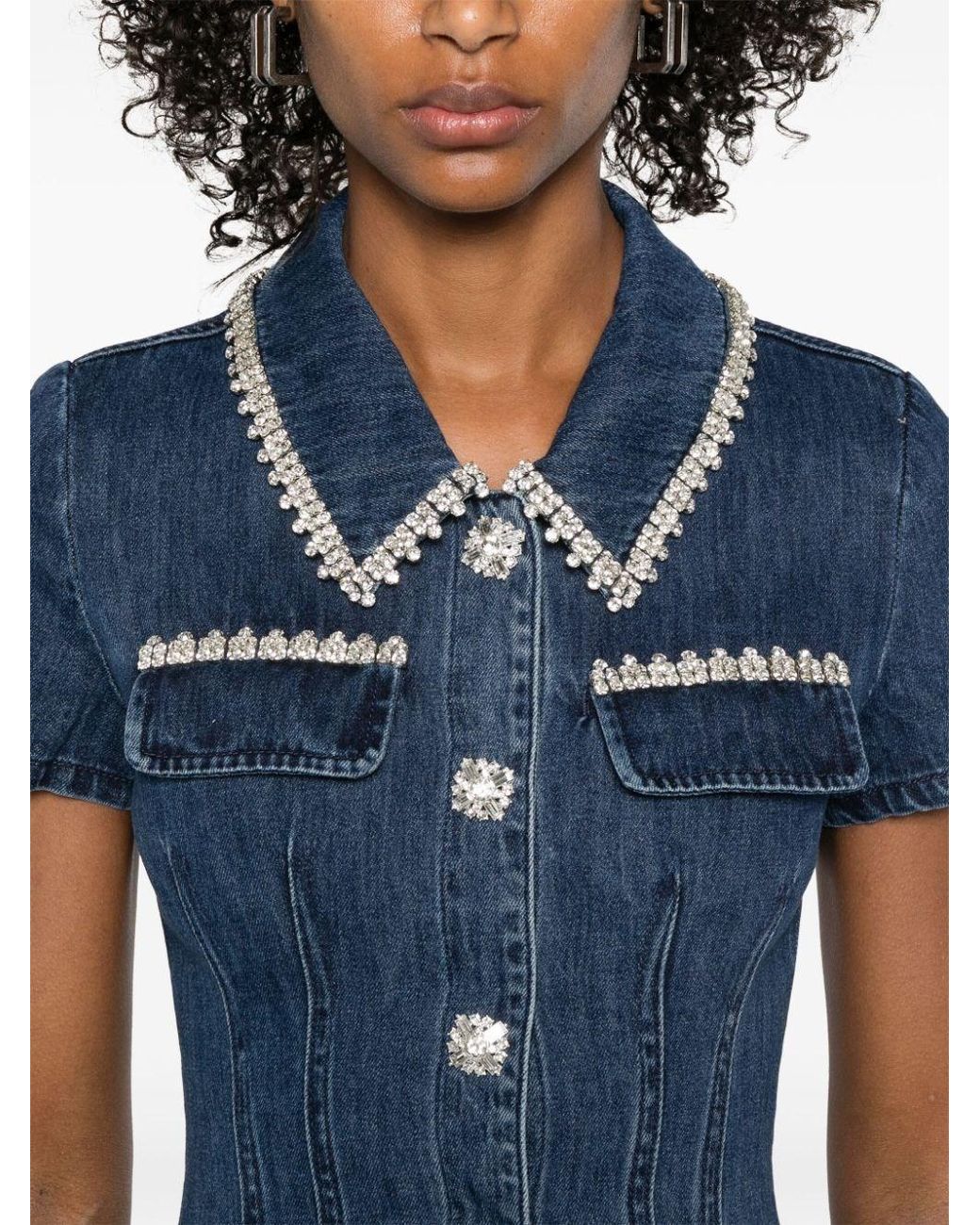 white christmas dresses Denim Crystal Trim Collared Mini Dress – self-portrait-US main image 0