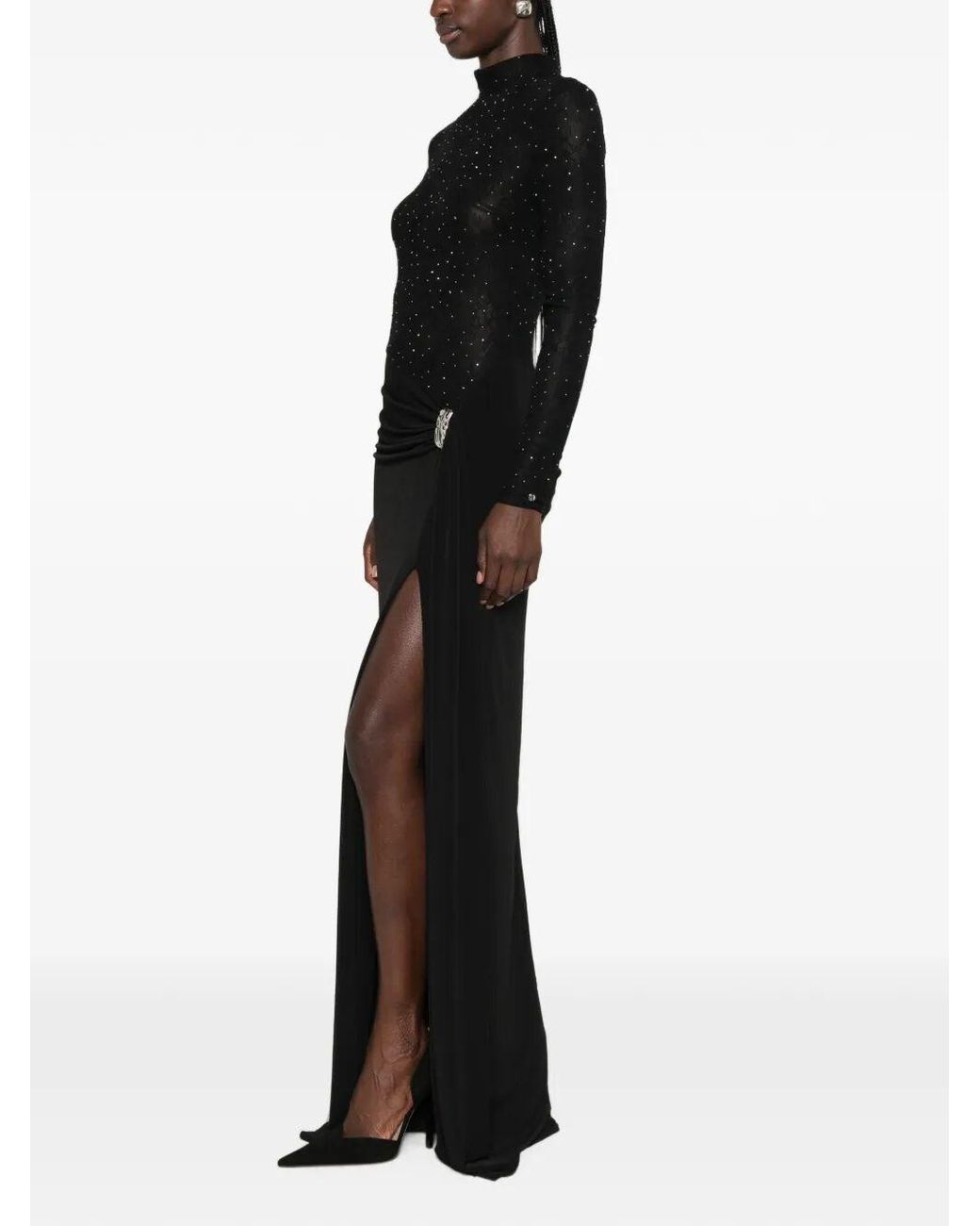 Nissa Black Rhinestone-Embellished Lace Maxi Dress