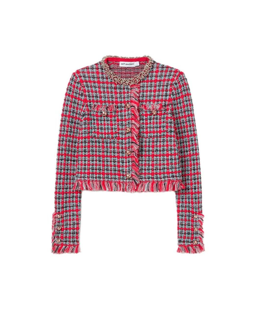 Self-Portrait Red Check Frayed Knit Jacket