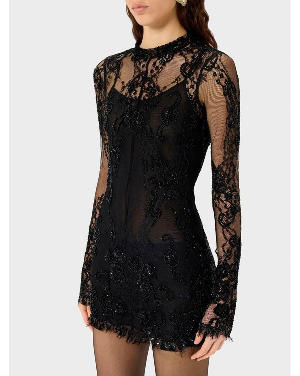 Blumarine Black Short Lace Dress With Embroidery