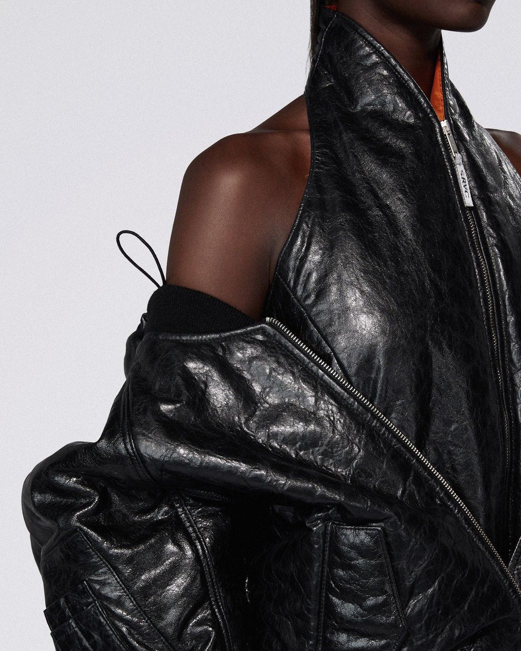 SRVC Studio Black Halter Leather Bomber Jacket