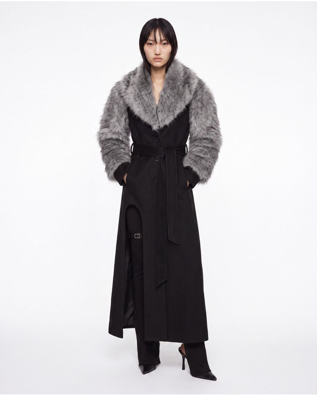 SRVC Studio Black Raven Coat With Detachable Faux Fur