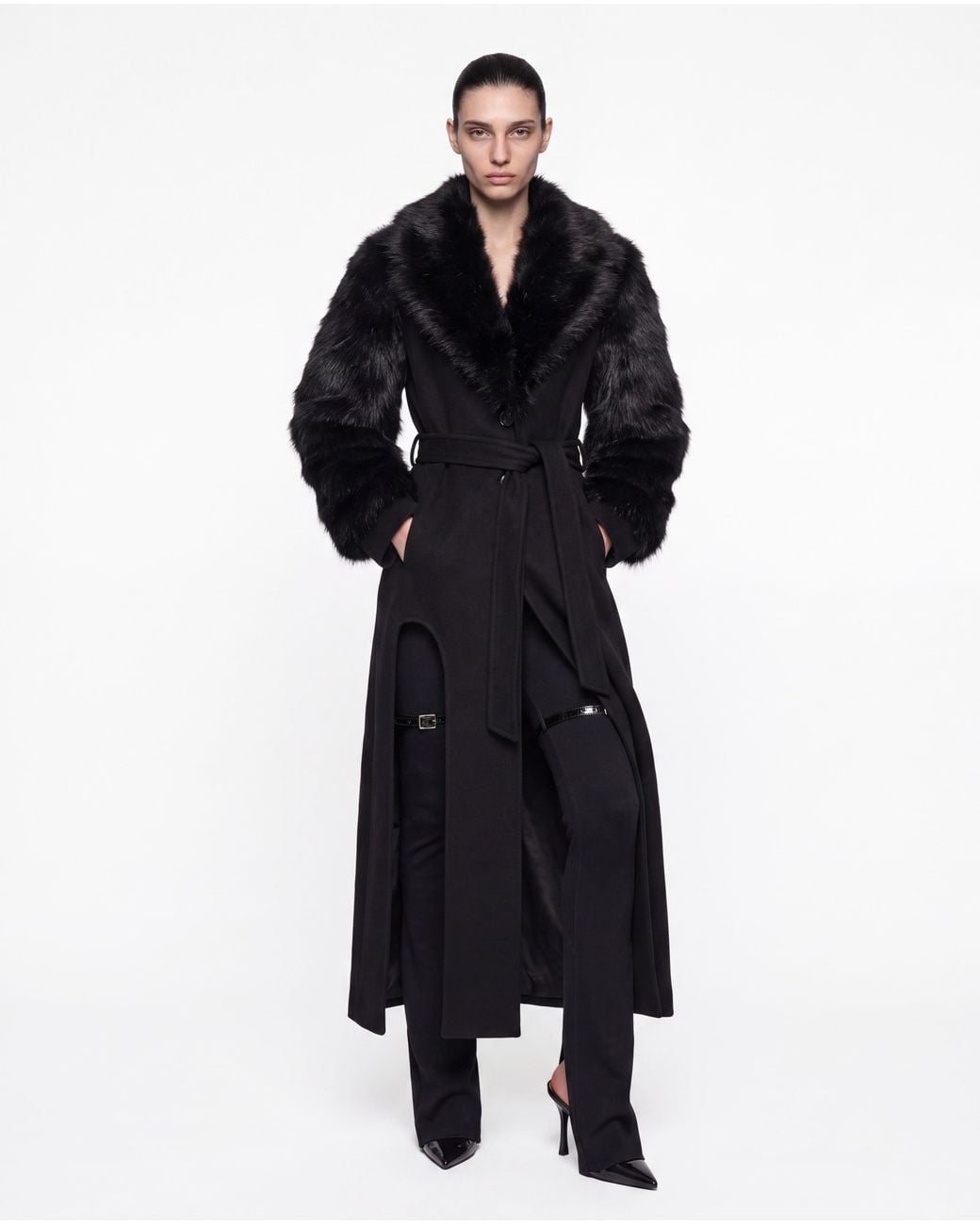 SRVC Studio Black Raven Coat With Detachable Faux Fur