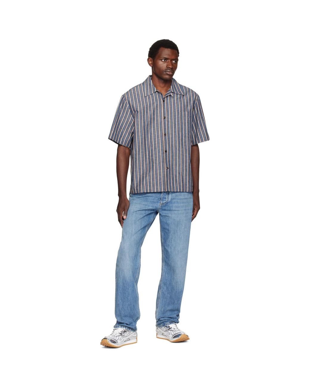 Bottega Veneta Blue Bold Cotton Linen Stripe Shirt for men