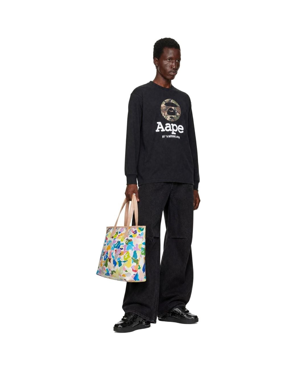 Aape By A Bathing Ape Black 'Aapeunvs' Moonface Long Sleeve T-Shirt for men