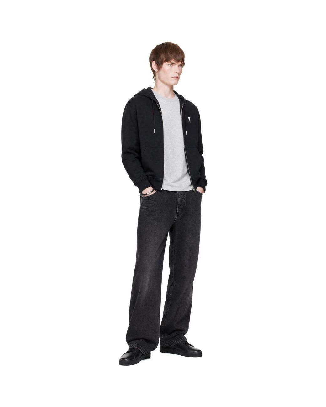 AMI Black Cotton Ami De Coeur Zipped Hoodie for men