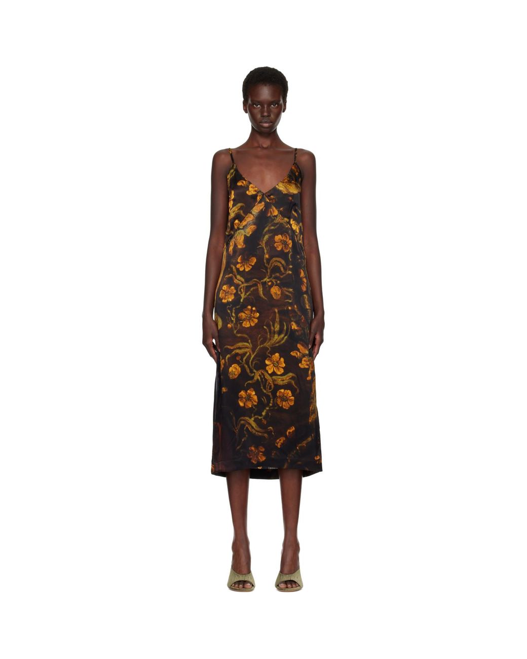 Dries Van Noten Brown Satin Midi Dress