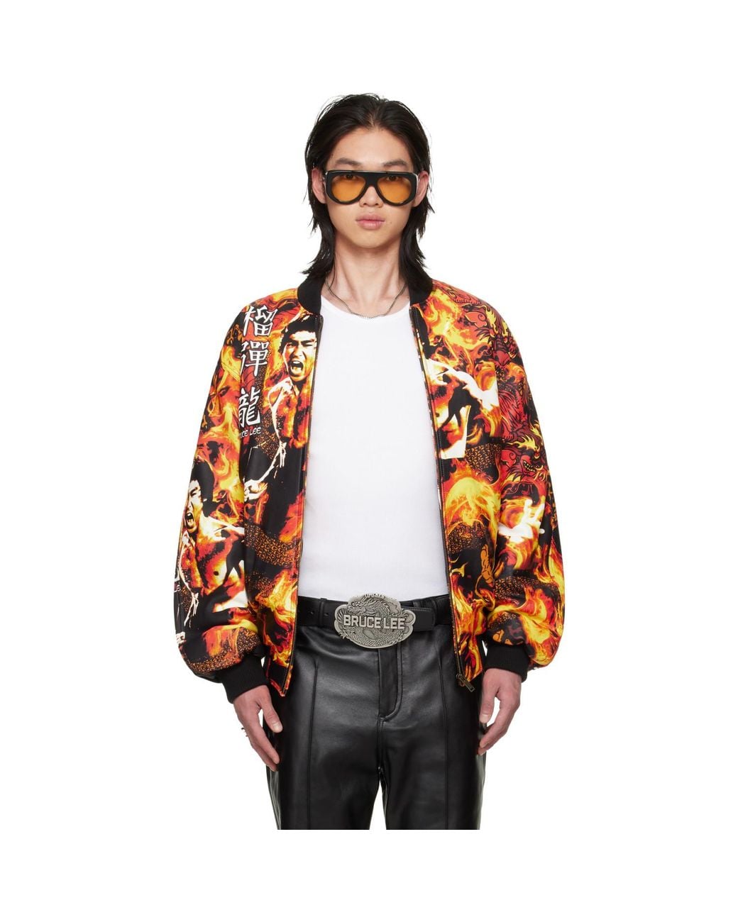 Lu'u Dan Orange Bruce Lee X Lựu Đạn & 'Bruce Lee' Leather Bomber Jacket for men