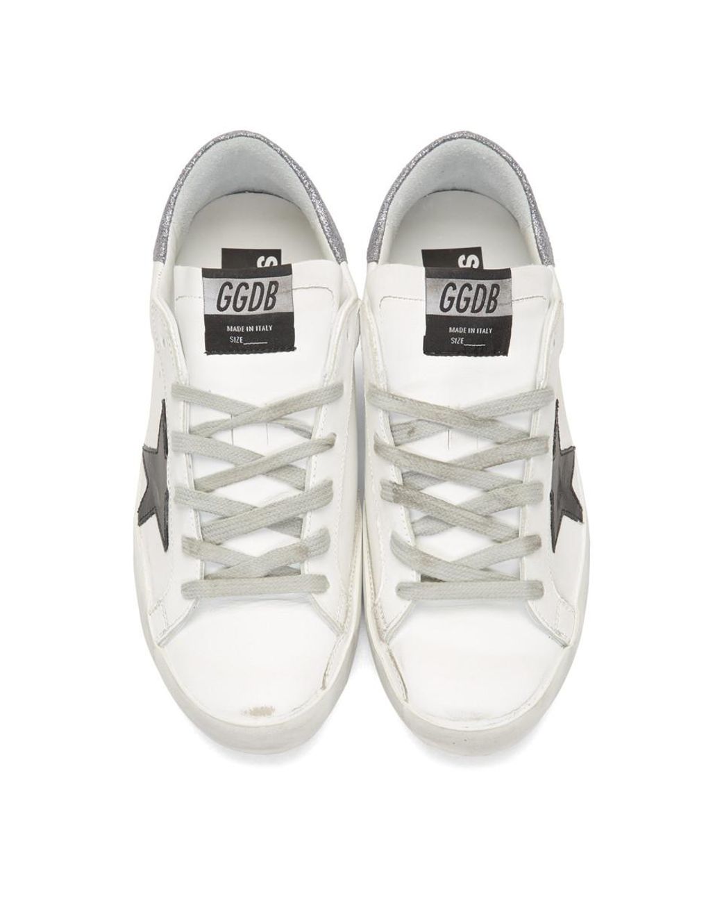 white & silver glitter tab superstar sneakers