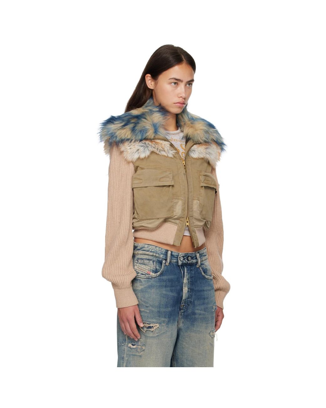 DIESEL Multicolor Khaki Rib-Knit Bomber Jacket