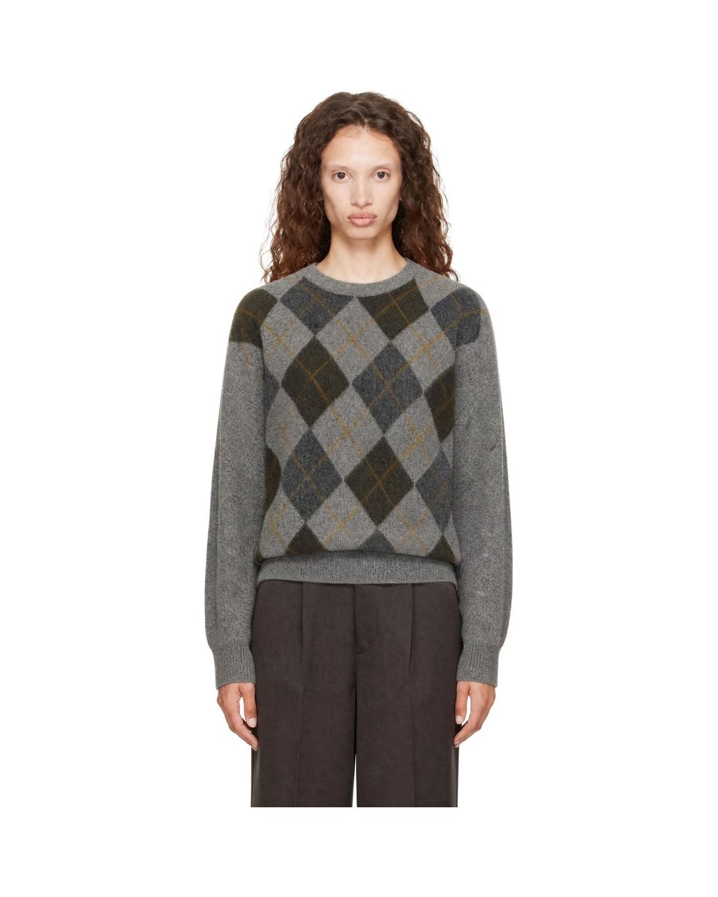 Ssstein Gray Fine Wool Argyle Knit Crew Neck Sweater