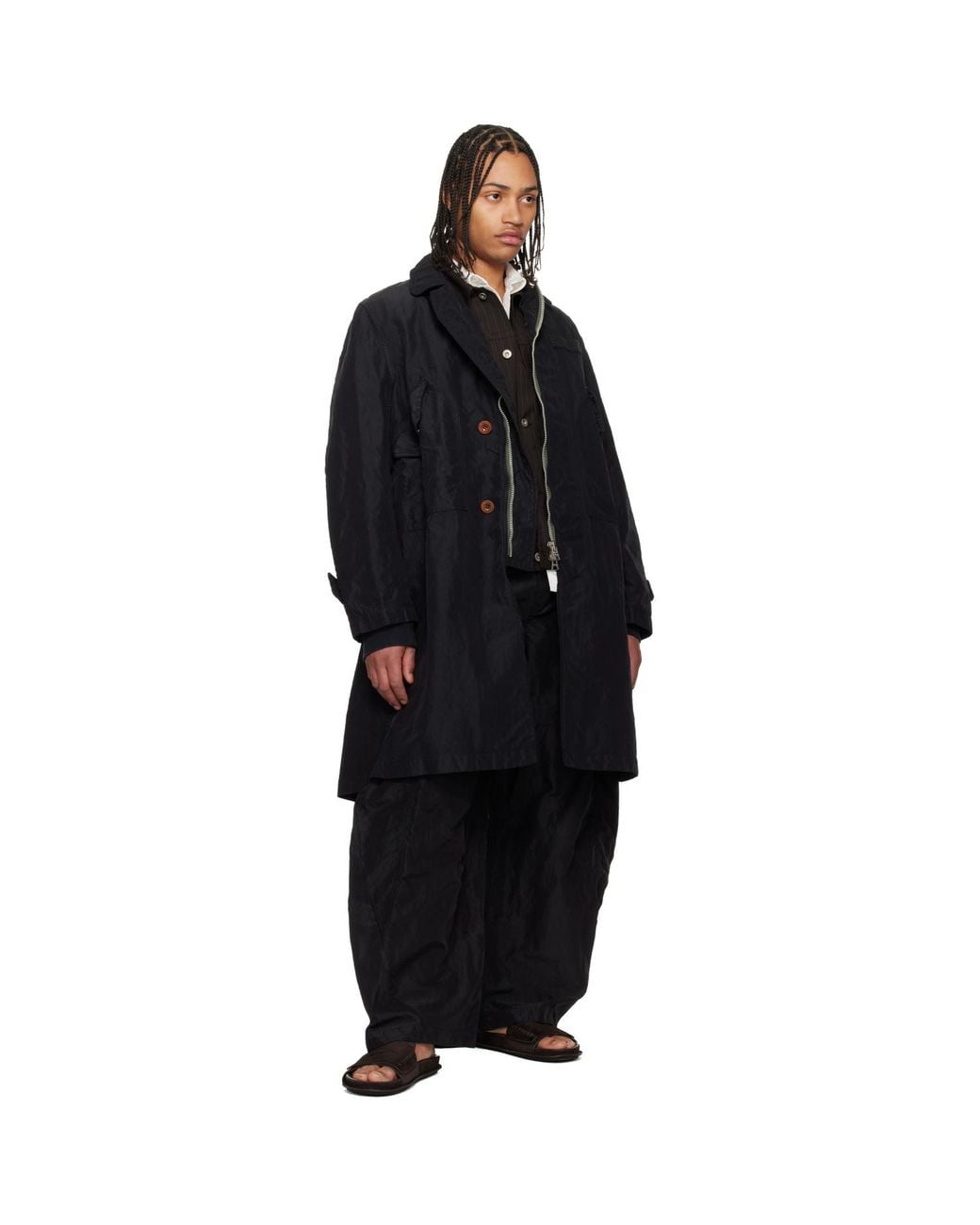 Sacai Black Treated Nylon Twill Coat for men