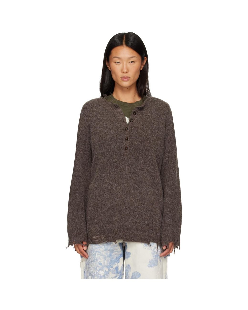 R13 Brown Relaxed Henley