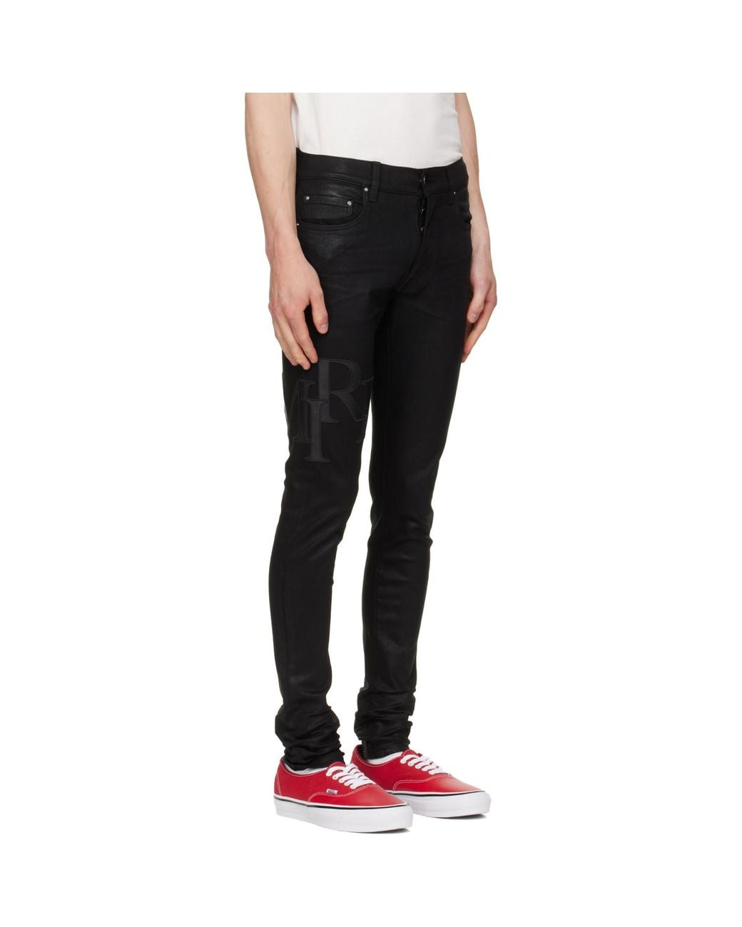 Amiri Black Waxed Staggered Logo Skinny Jeans for men