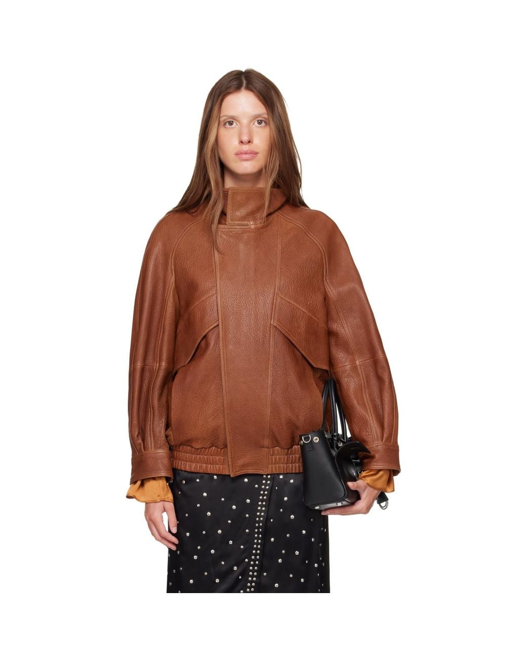 Nour Hammour Brown Tan Ariste Leather Bomber Jacket