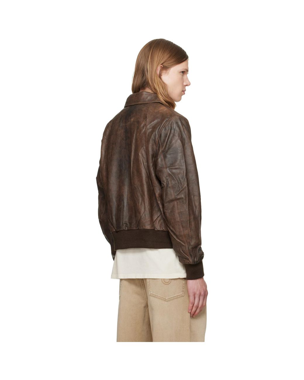 R13 Brown Leather Boyfriend Bomber Jacket for men