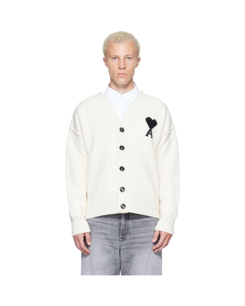AMI White Off- Wool Ami De Coeur Cardigan for men