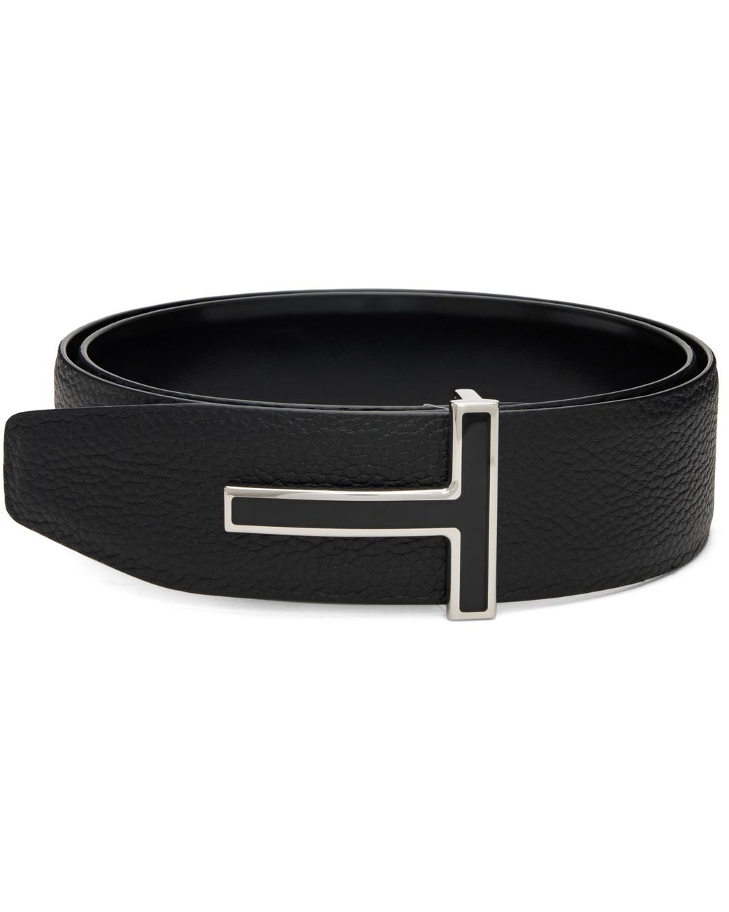Tom Ford Black Leather Enamel Buckle T Reversible Belt for men