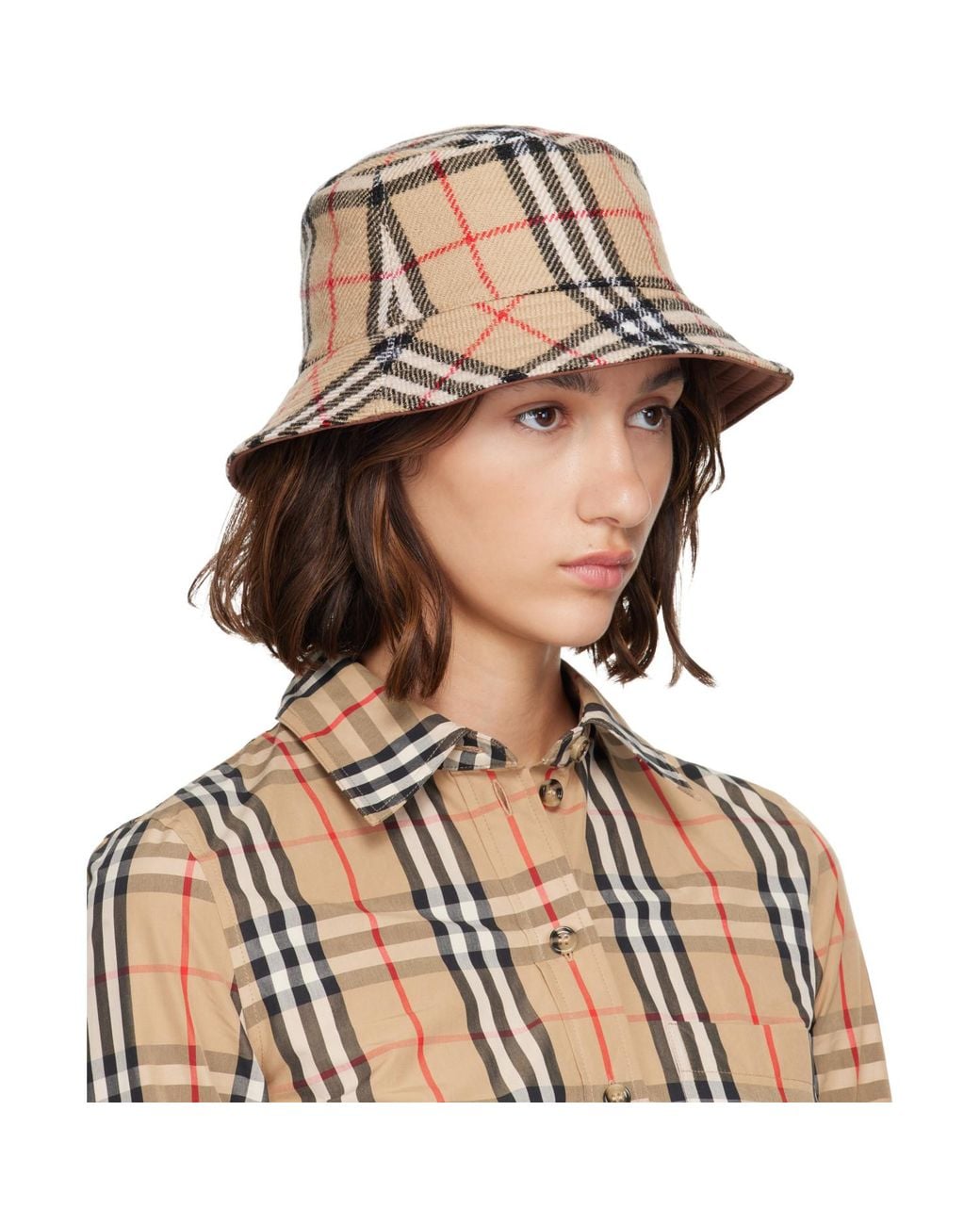 Burberry Brown Wool Check Reversible Bucket Hat