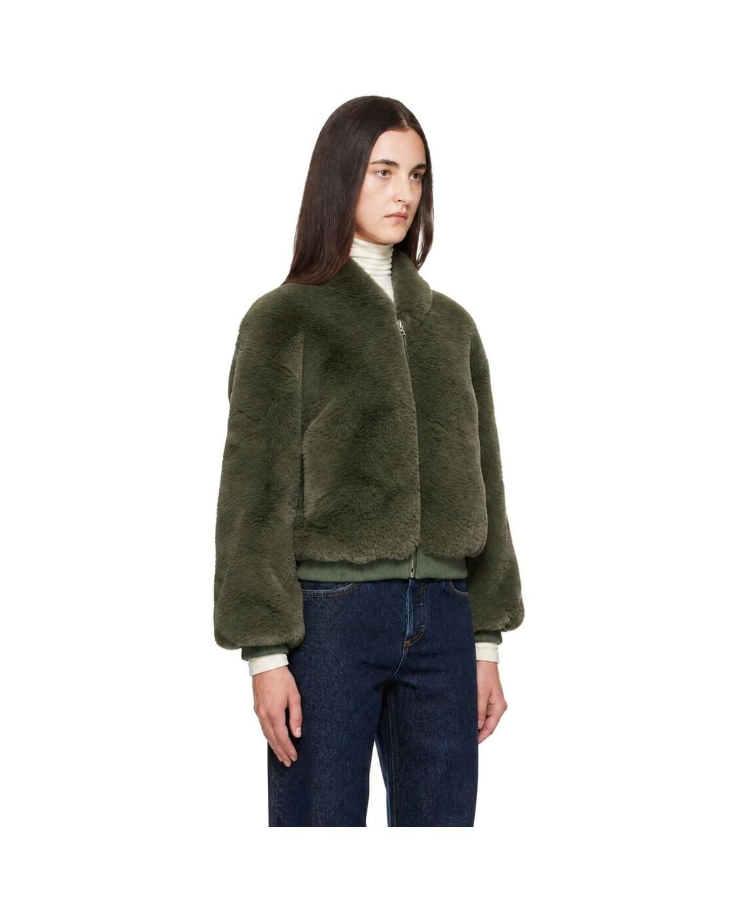 Frankie Shop Green Senna Collarless Faux-Fur Jacket
