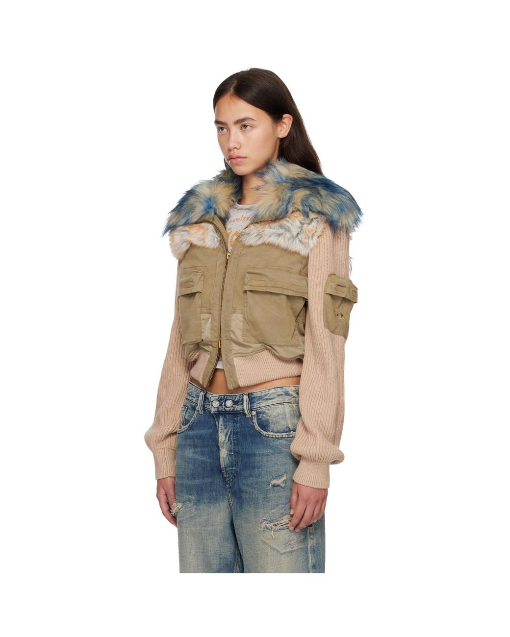 DIESEL Multicolor Khaki Rib-Knit Bomber Jacket